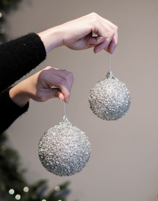 Julekule i sølv med glitter, 8 cm