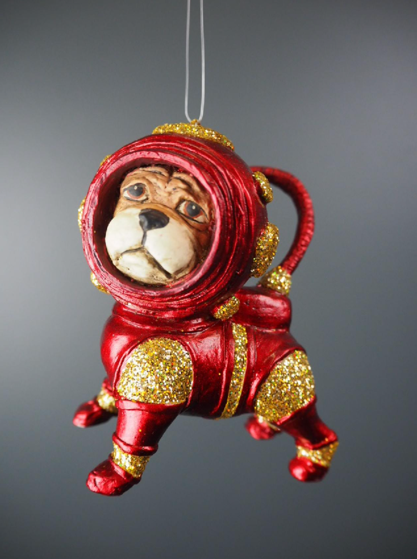 Julepynt Astronaut Pug rød og gull glitter