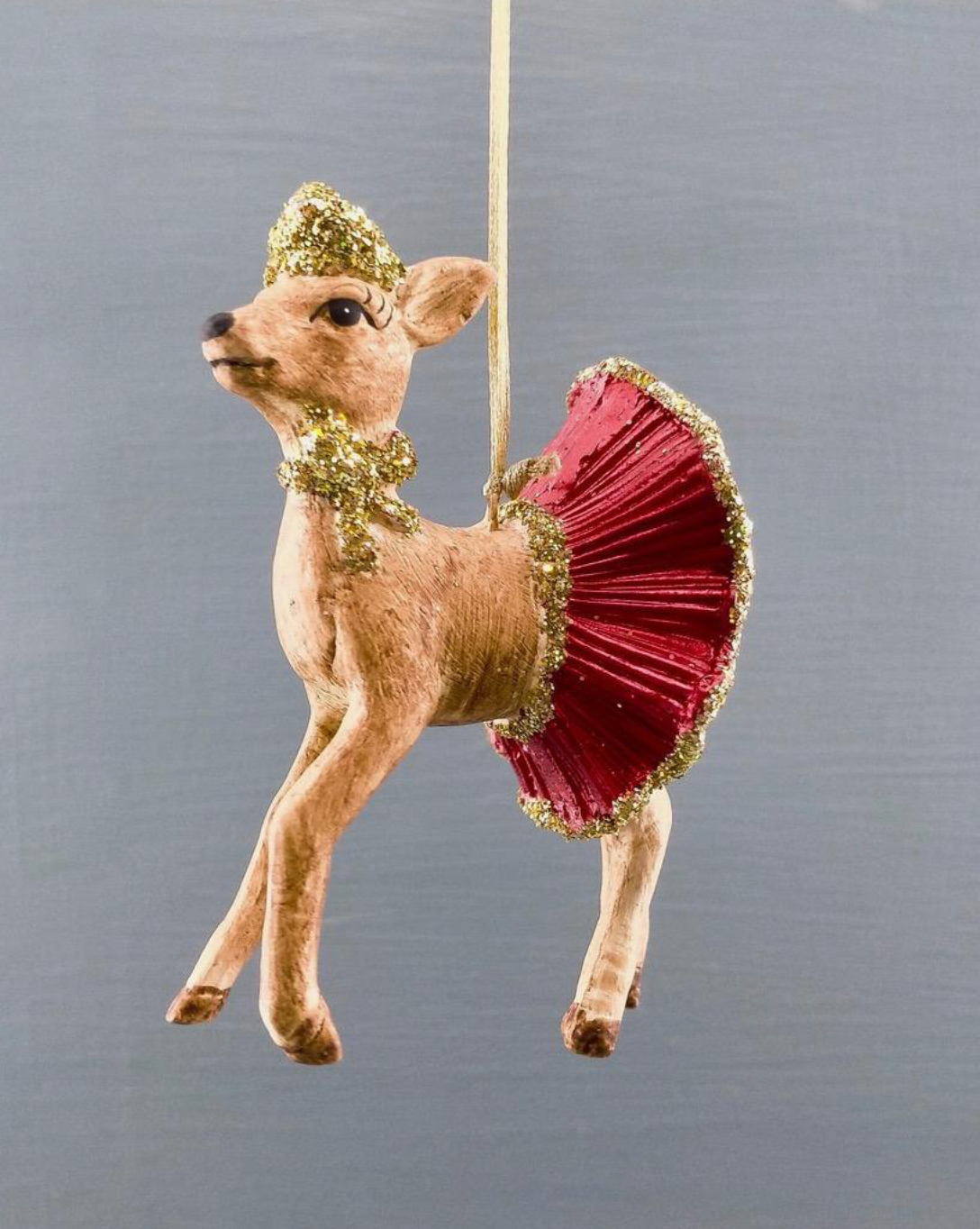 Julepynt Reinsdyr rødt skjørt, gull/glitter