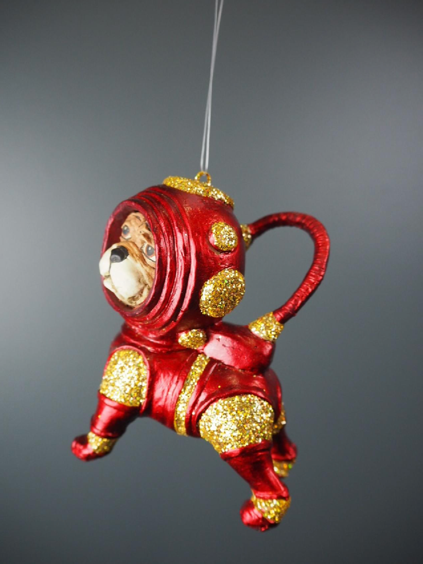Julepynt Astronaut Pug rød og gull glitter