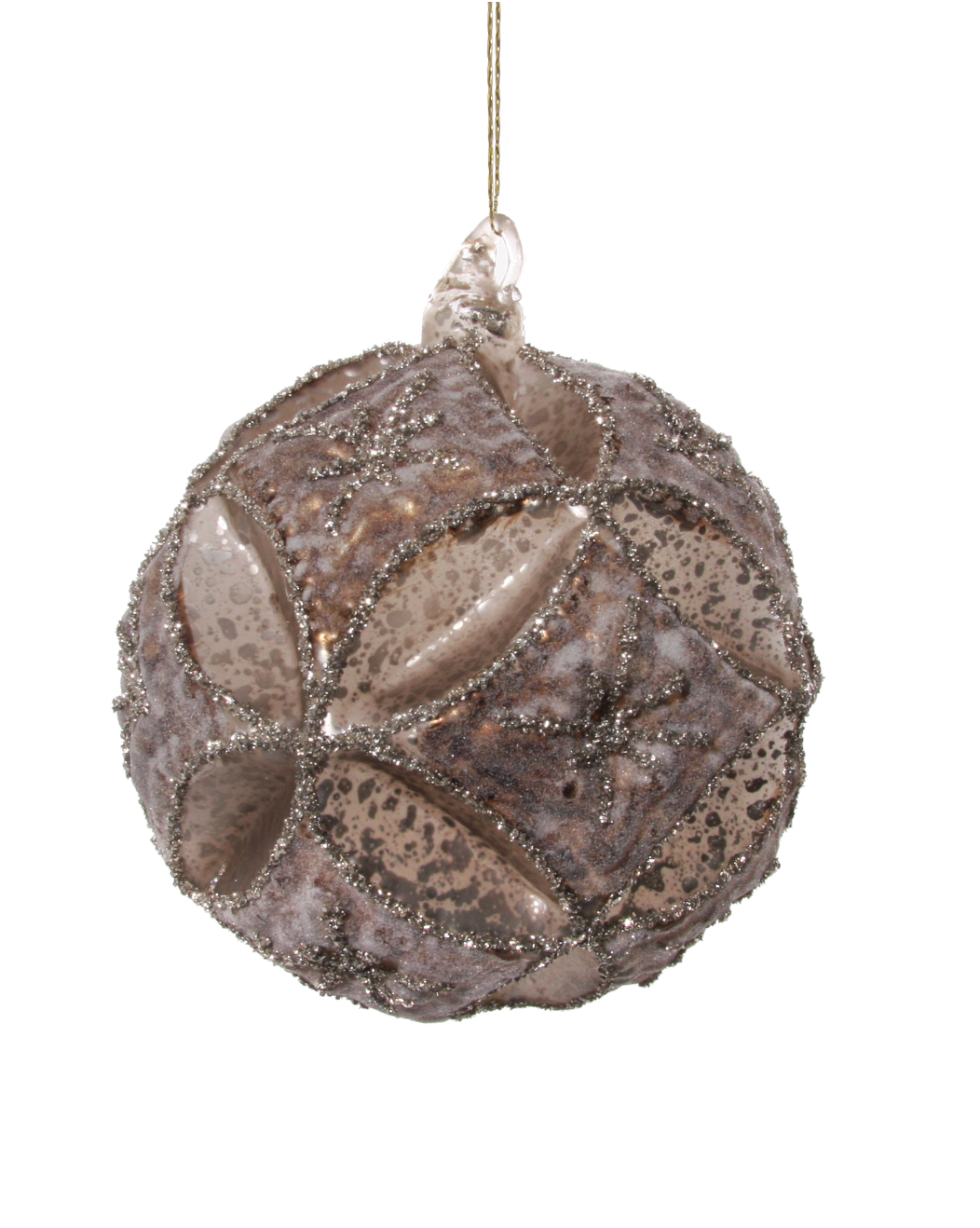 Glass Floral Julekule 8cm, Mat Grey Sugared Silver Glitter