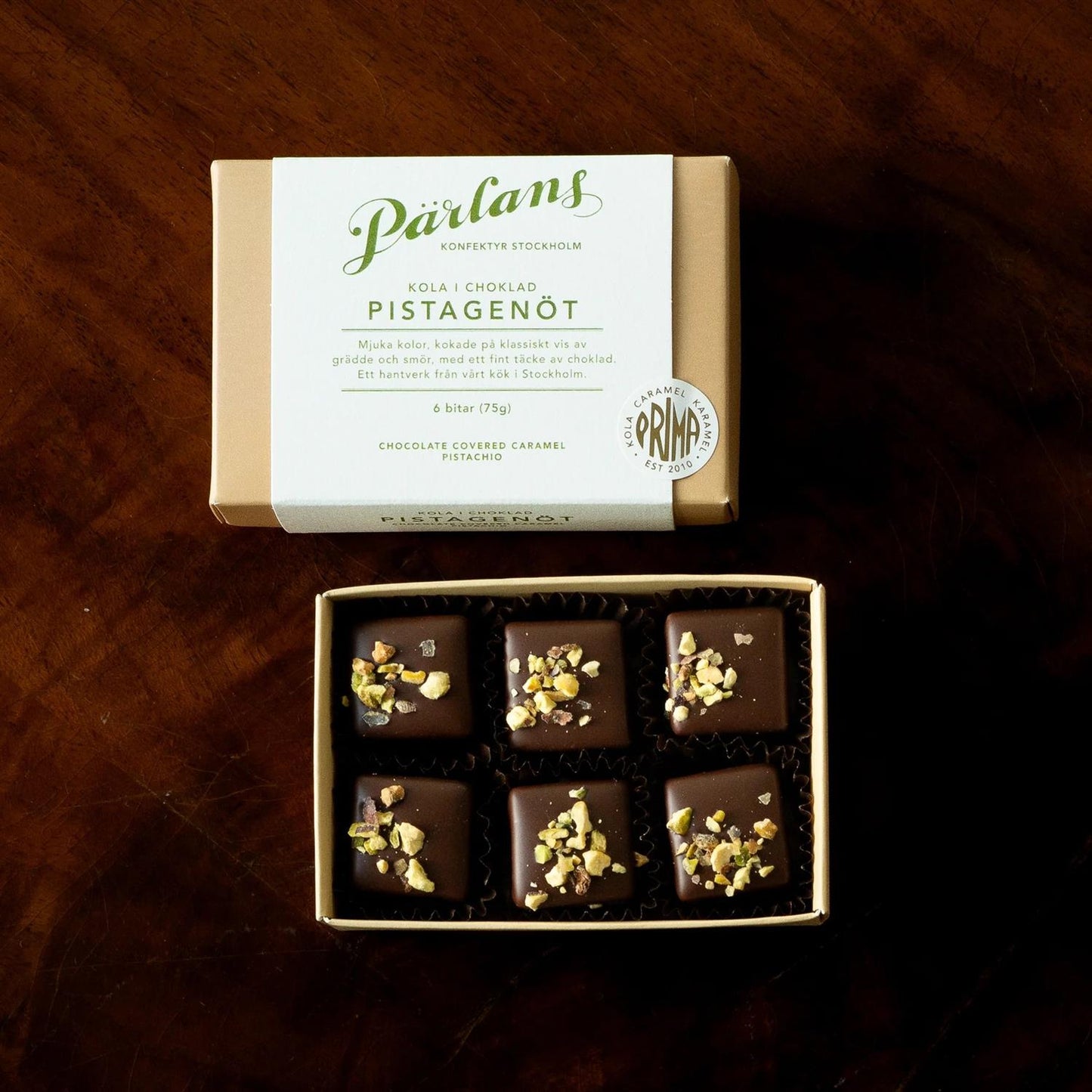 Boks 6 karamell, pistasj